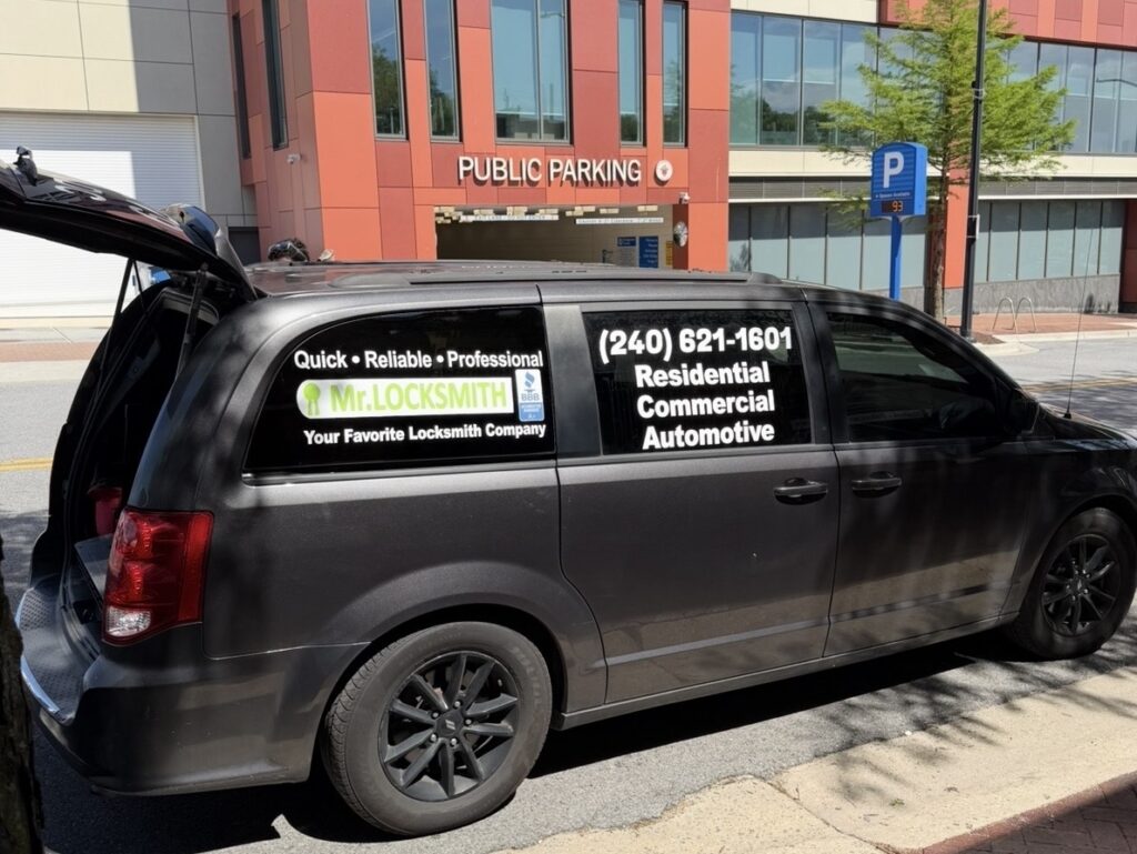 Mr. Locksmith service van offering residential, commercial, and automotive locksmith services in Silver Spring MD - call (240) 621-1601