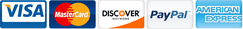 Accepted Payment Methods - Visa, Mastercard, Discover, PayPal, American Express